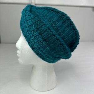 Handmade Crochet Turban Beanie Twisted Front Ribbed Knit Hat Teal Blue Green NEW